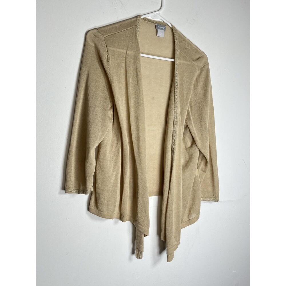 Chico's Sweater Cardigan WMS 2 L Beige Open Front Lightweight Sheer Knit Drape
